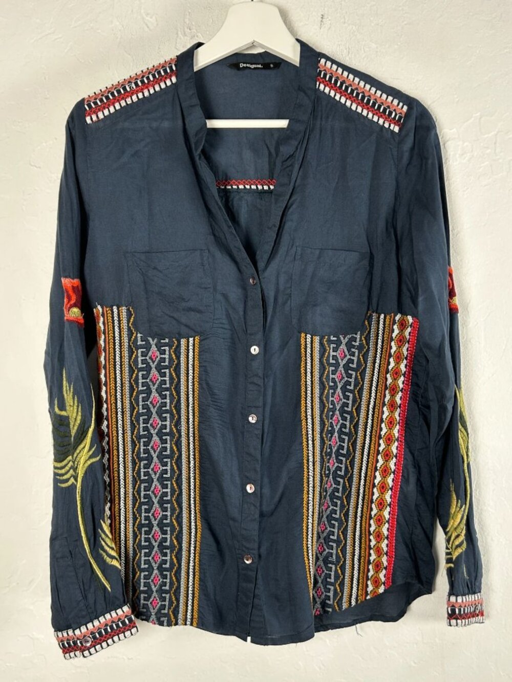 Desigual Womens Embroidered Button-Up Shirt Top Small Boho Navy Blue Long Sleeve